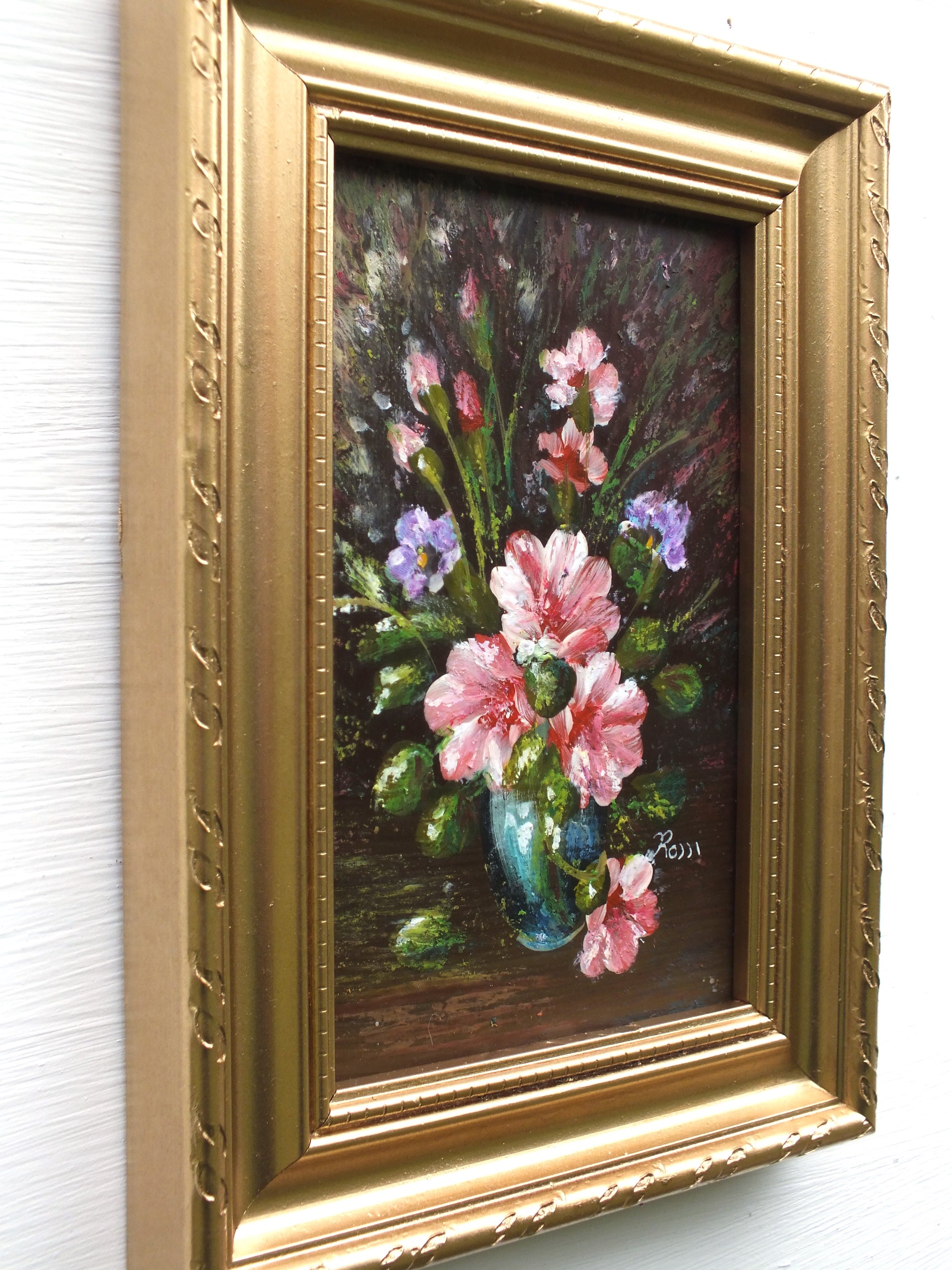Pink Petunias Miniature Floral Oil Painting Framed