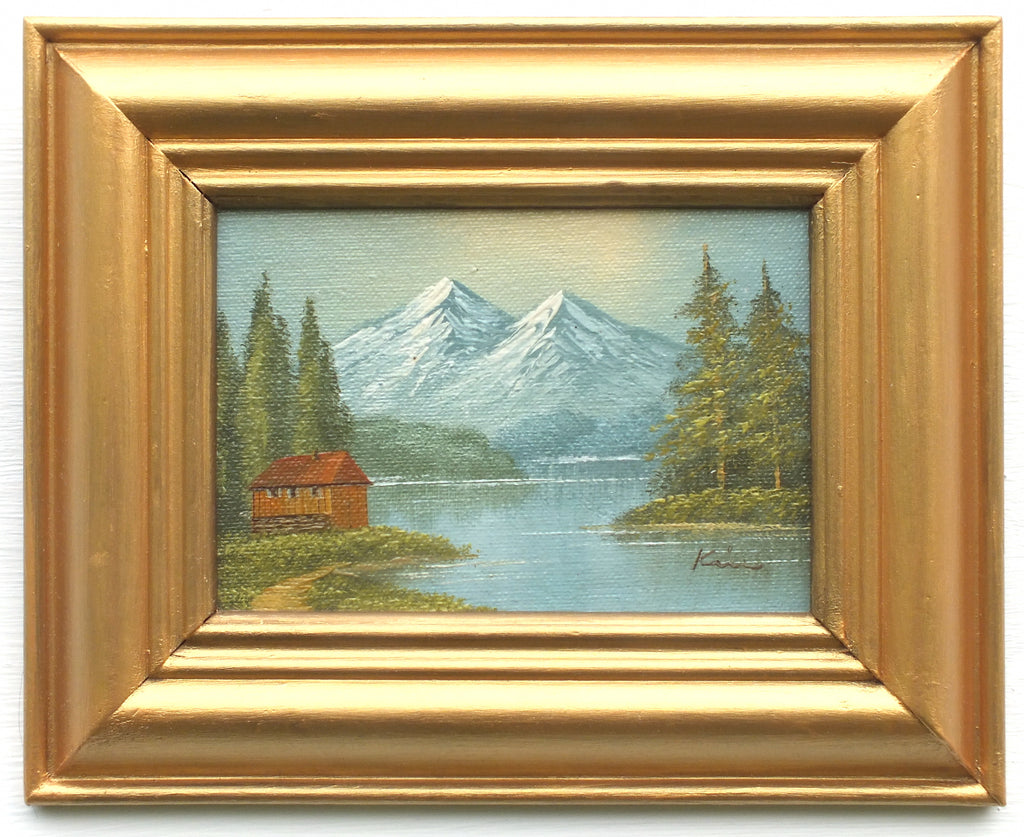 Miniature Alpine Lake Landscape Oil Painting Framed