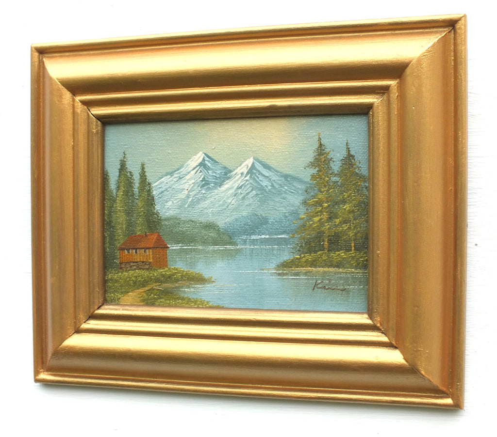Miniature Alpine Lake Landscape Oil Painting Framed