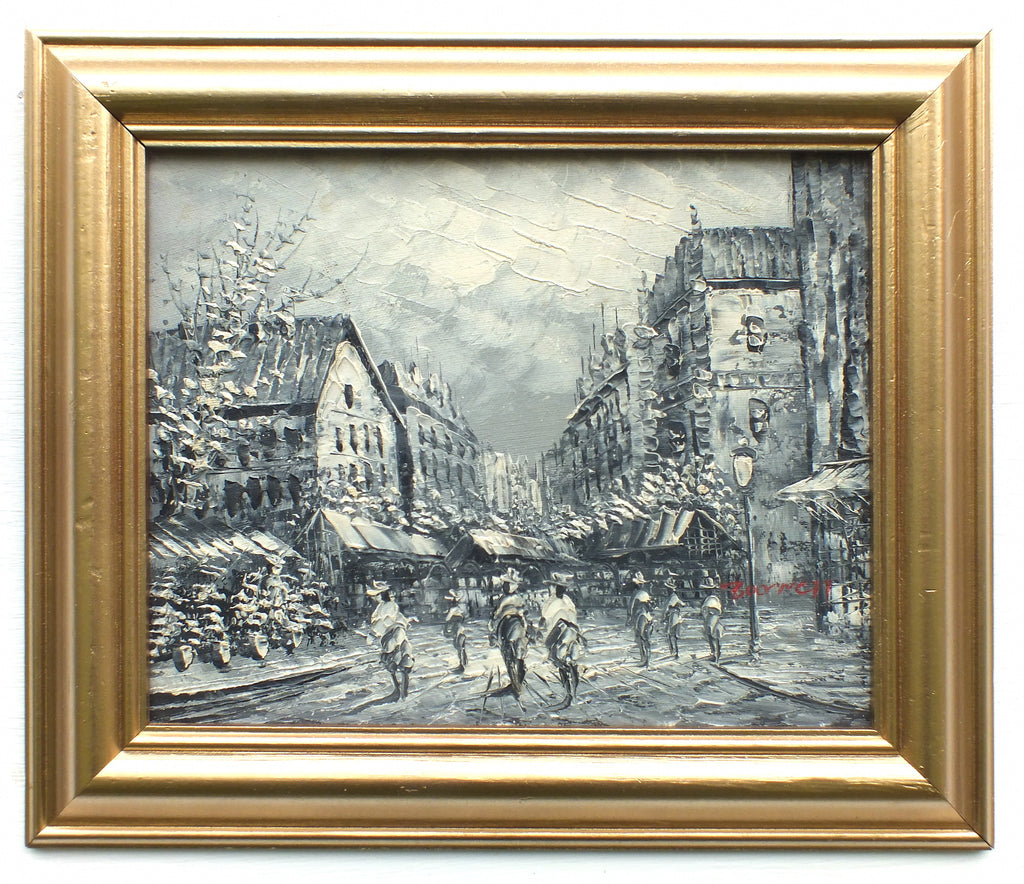 Paris Street Scene Black White Framed Oil Painting
