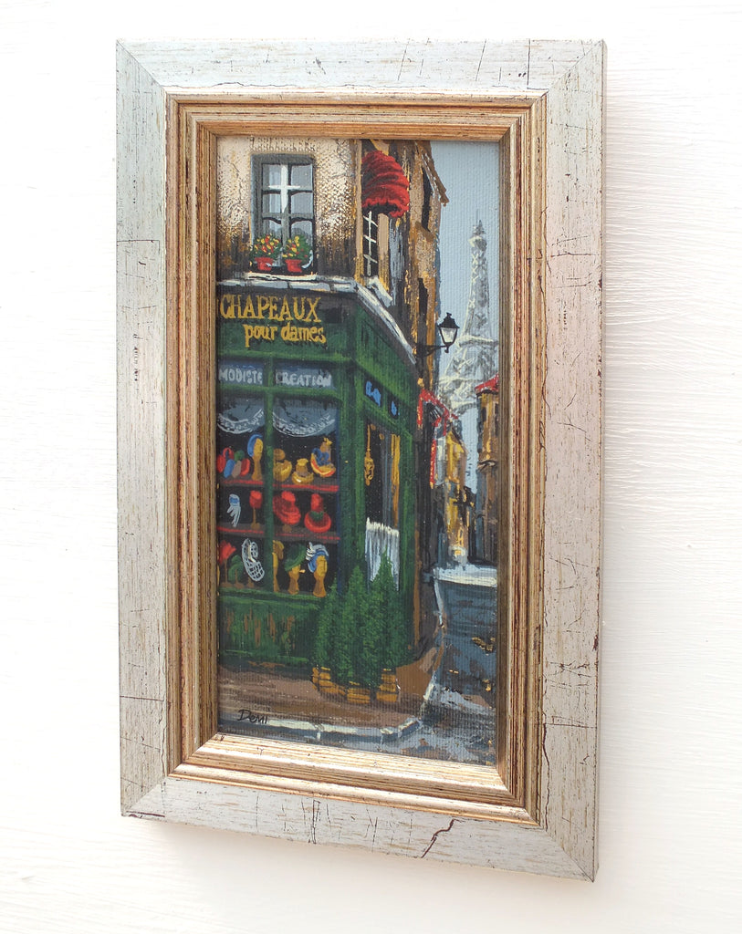 Miniature Paris Street Scene Oil Painting Signed Framed Montmartre Ladies Hat Shop