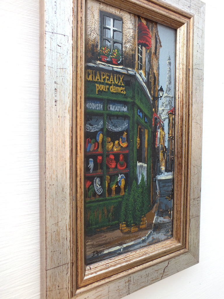 Miniature Paris Street Scene Oil Painting Signed Framed Montmartre Ladies Hat Shop