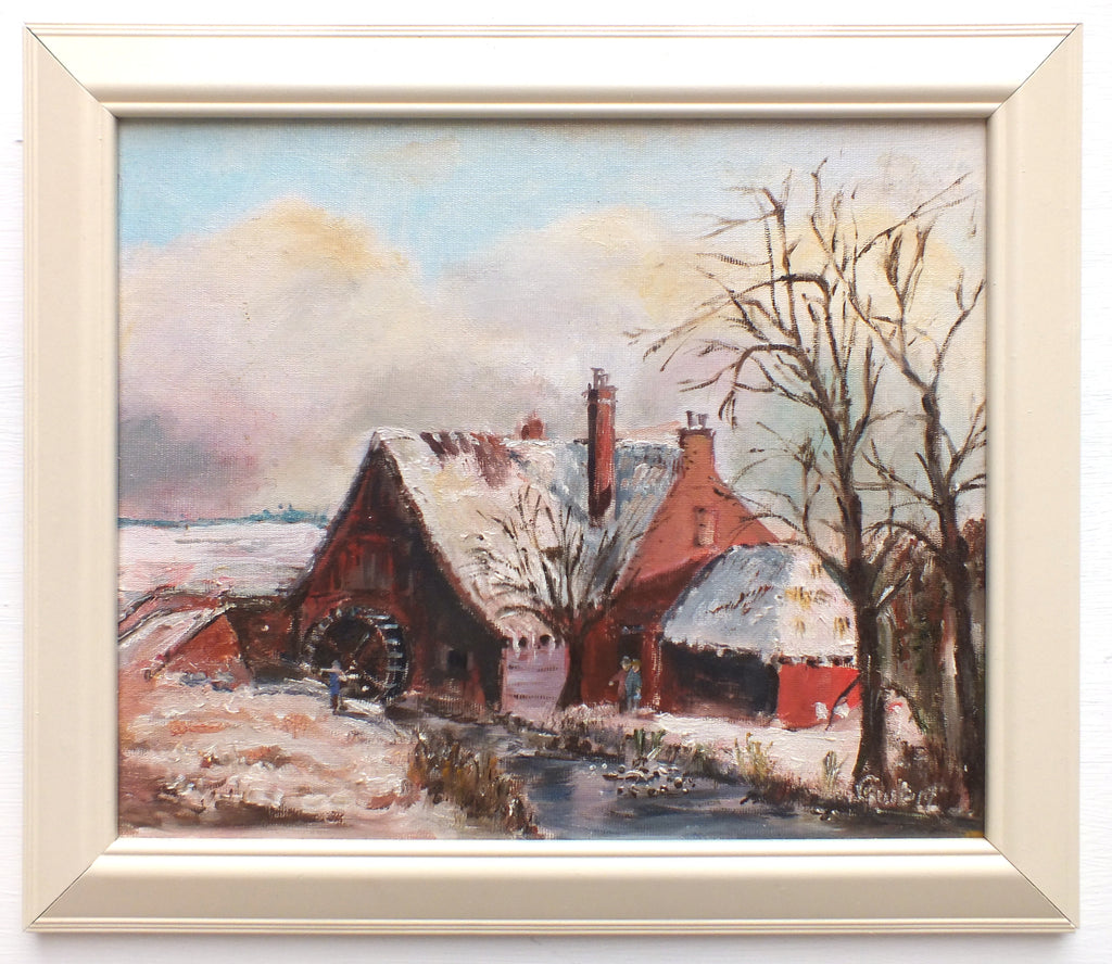 Winter Landscape Oil Painting, Watermill, Signed Framed Original Wall Art
