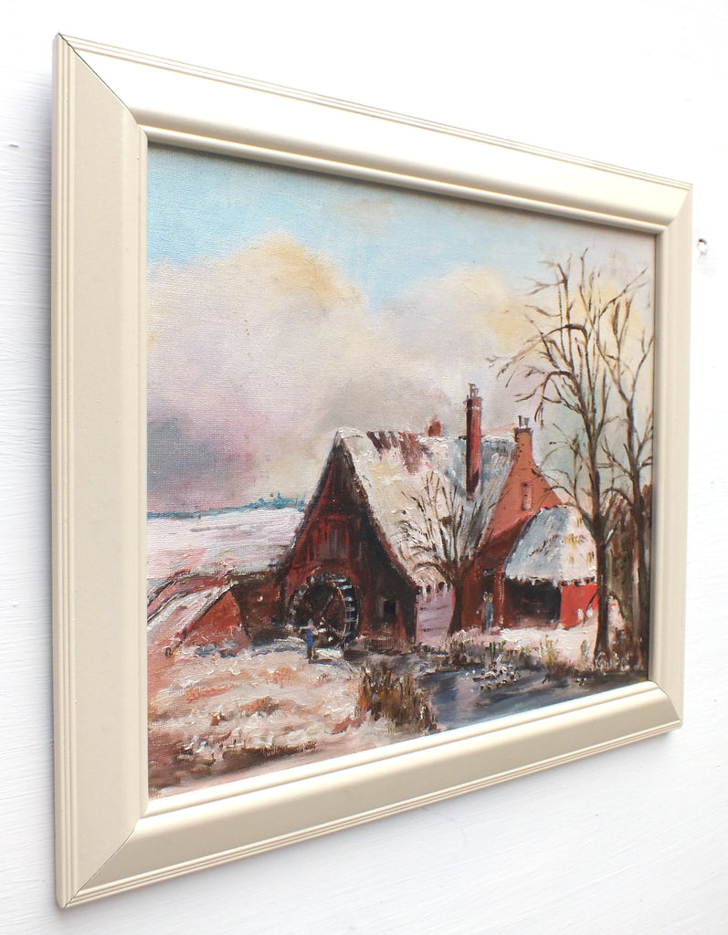 Winter Landscape Oil Painting, Watermill, Signed Framed Original Wall Art