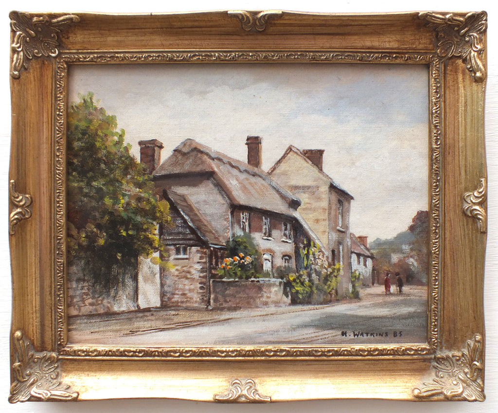 English Thatched Cottage, Amberley, Sussex Oil Painting Signed Framed