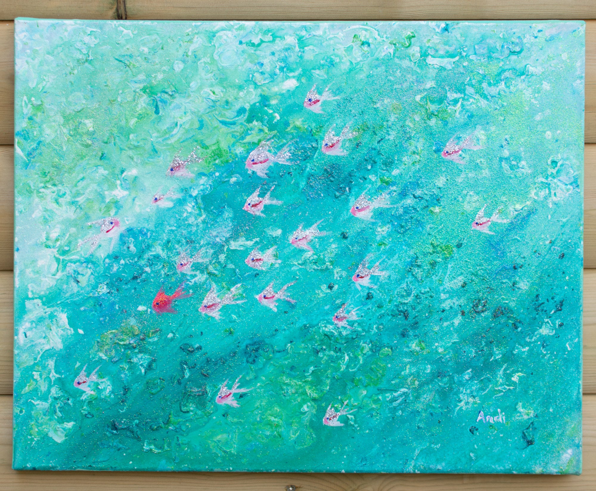 Abstract Painting Fish in Turquoise Sea Original Acrylic on Canvas