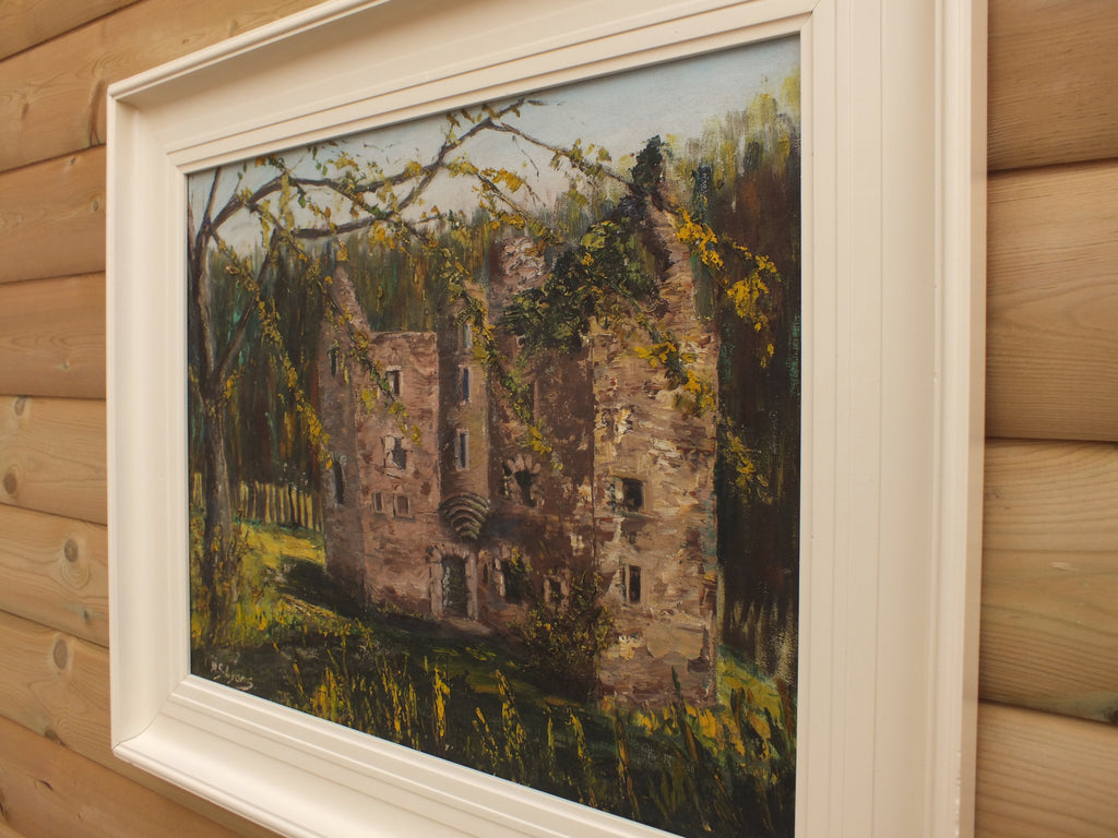 Irish Castle in Ruins Oil Painting Forest Landscape Framed Signed