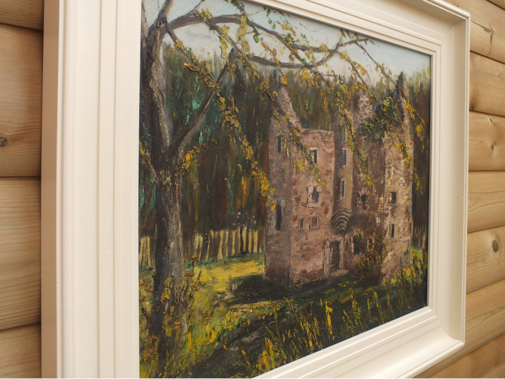 Irish Castle in Ruins Oil Painting Forest Landscape Framed Signed
