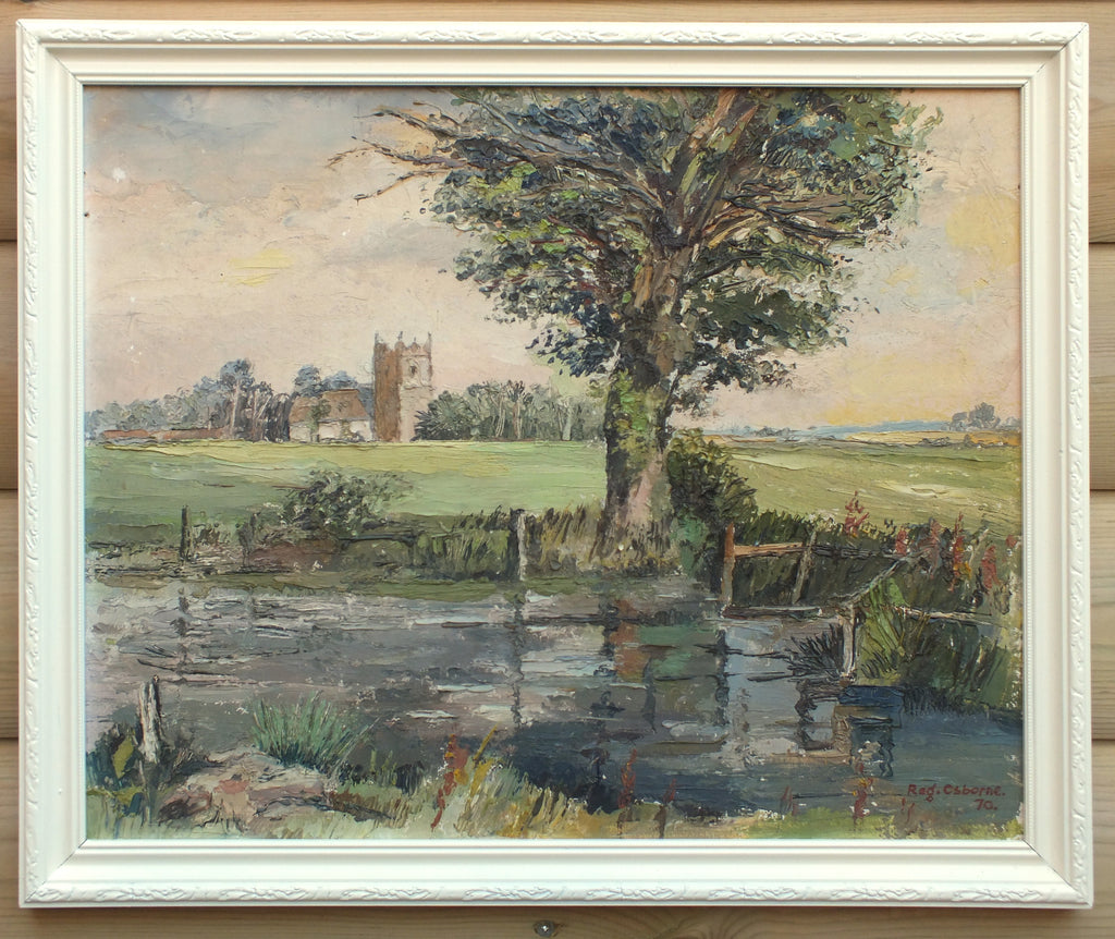 English Landscape, Village Church Painting, Original Vintage Oil Painting Signed Framed