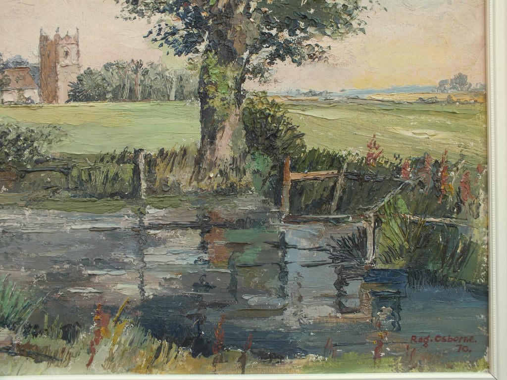 English Landscape, Village Church Painting, Original Vintage Oil Painting Signed Framed