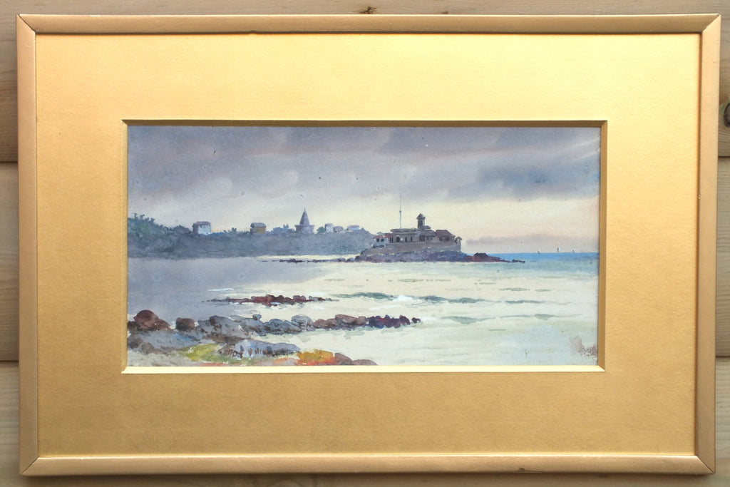Antique Victorian Watercolor Painting Framed Coastal Scene