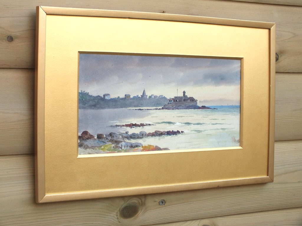 Antique Victorian Watercolor Painting Framed Coastal Scene