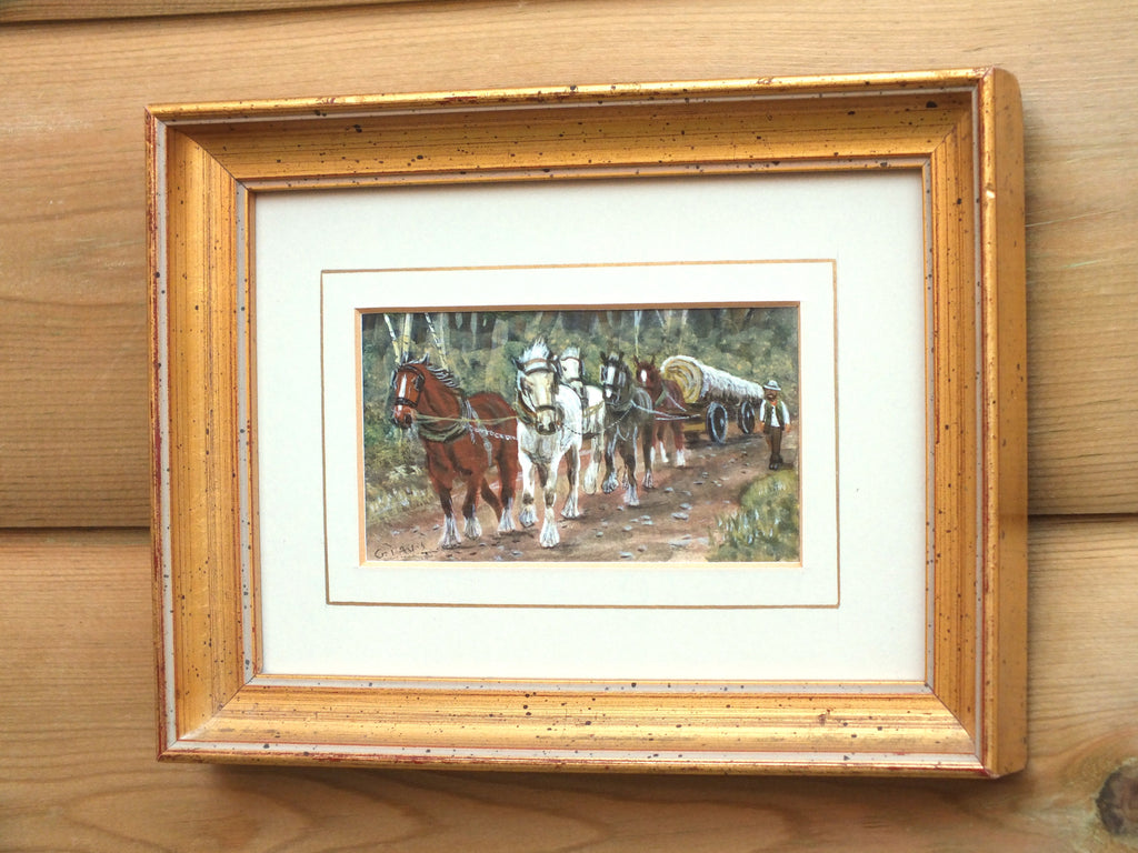 Miniature Oil Painting Signed Framed Horse Logging Scene