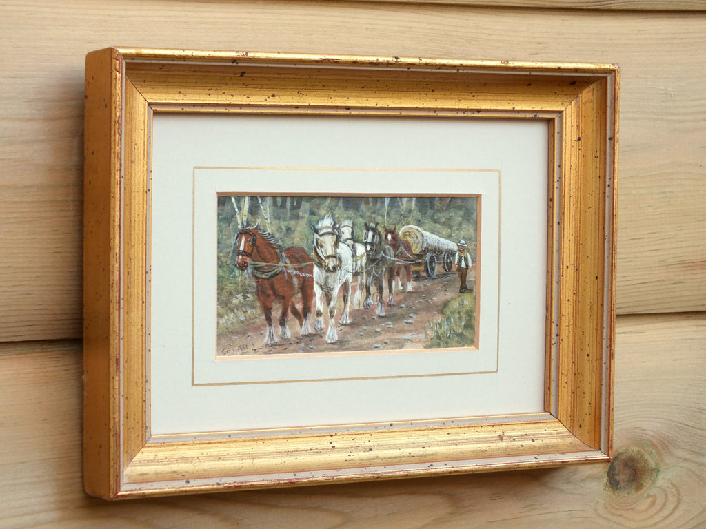 Miniature Oil Painting Signed Framed Horse Logging Scene