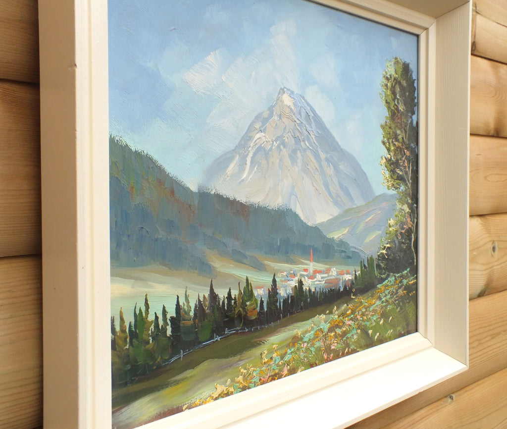 Alpine Mountain Village Framed Signed Landscape Oil painting