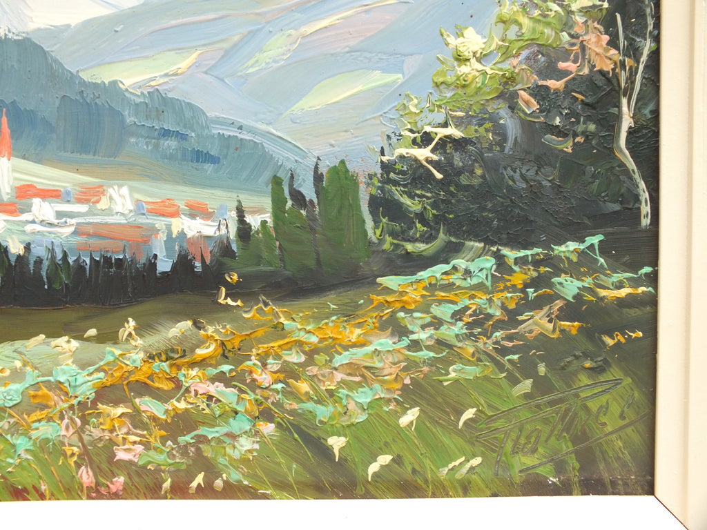 Alpine Mountain Village Framed Signed Landscape Oil painting