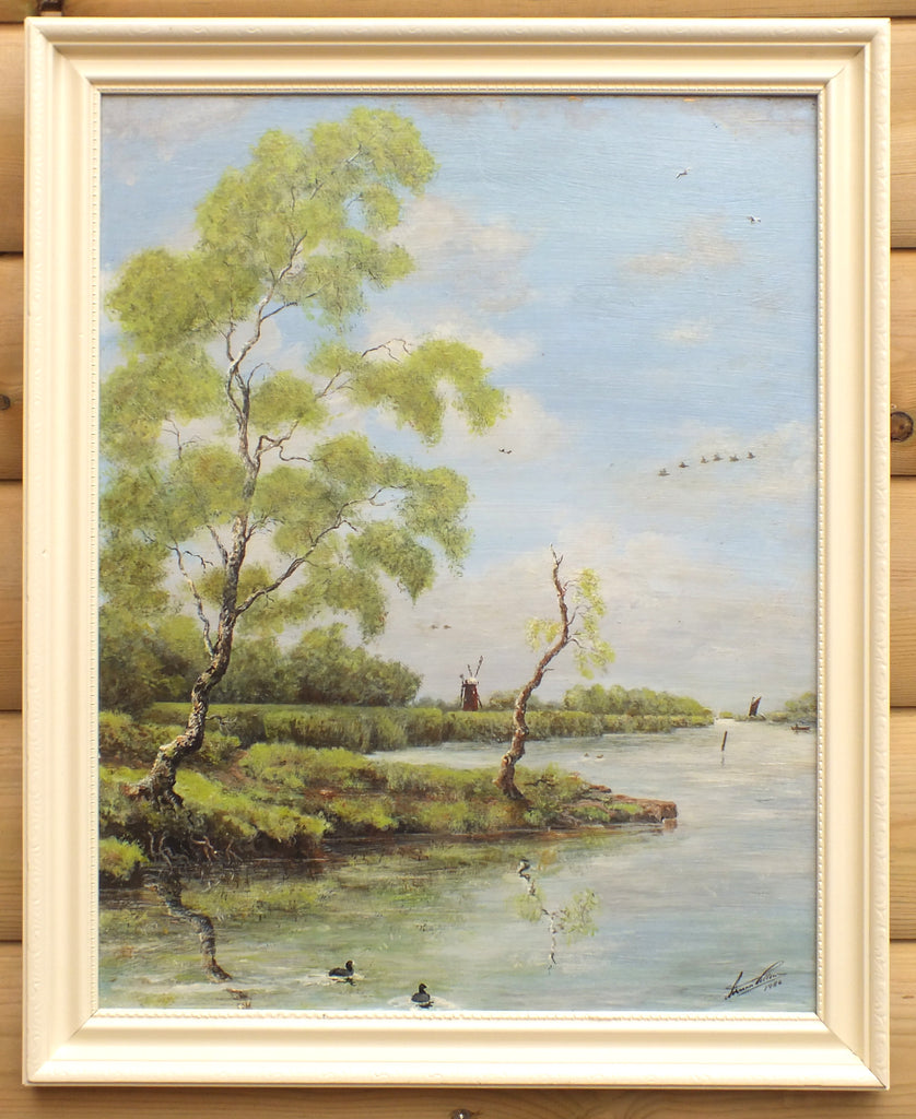 Norfolk Broads Landscape Original Wetlands Oil Painting Framed, Signed