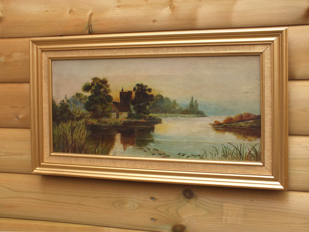 Norfolk Broads Landscape Original Antique Wetlands Oil Painting Framed