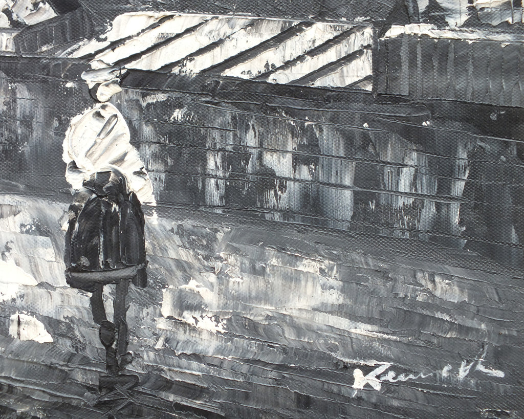 Paris Street Scene, Black and White Abstract Painting, Signed
