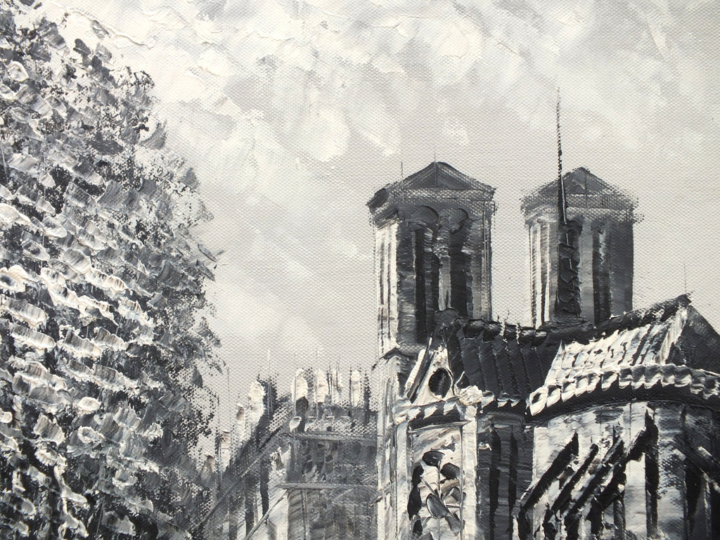 Paris Street Scene, Black and White Abstract Painting, Signed