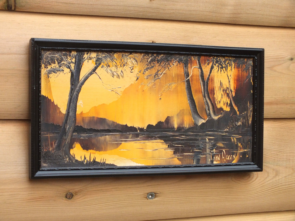 Vintage Landcape Oil Painting Original Framed Signed Lake at Sunset
