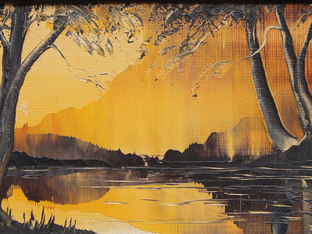 Vintage Landcape Oil Painting Original Framed Signed Lake at Sunset