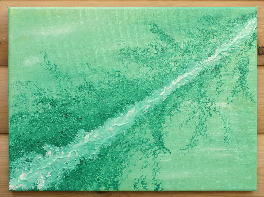 Abstract Painting, Verdant Shoot, Signed Unframed  Acrylic paints on stretched canvas.   Overall size: 15 7/8 inches (40cm) wide x 11.75 inches (30cm) tall x 1.5cm deep Unframed Artist : Lachan Lucas, signed verso  p1731l