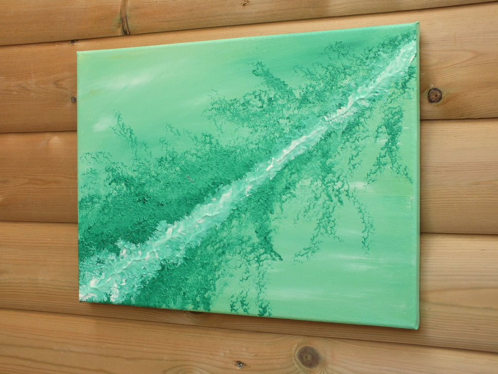 Abstract Painting, Verdant Shoot, Signed Unframed  Acrylic paints on stretched canvas.   Overall size: 15 7/8 inches (40cm) wide x 11.75 inches (30cm) tall x 1.5cm deep Unframed Artist : Lachan Lucas, signed verso  p1731l