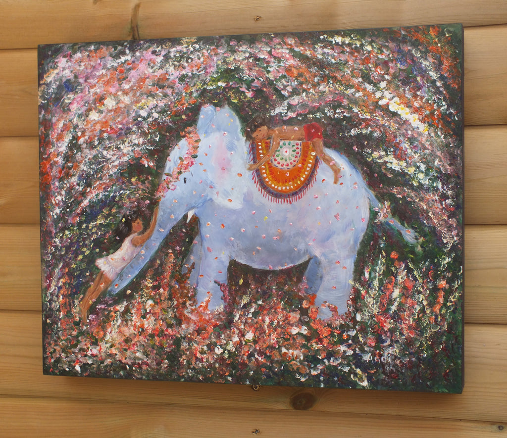 Elephant Painting Acrylic on Wood, Glitte, Framed Signed
