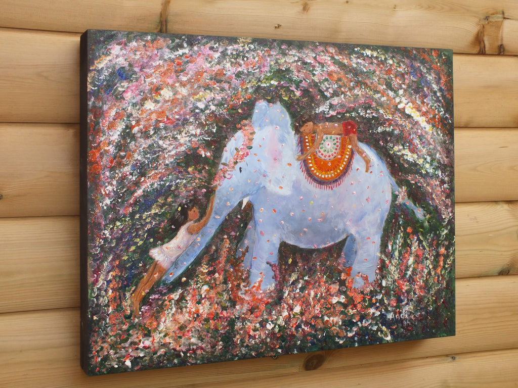 Elephant Painting Acrylic on Wood, Glitte, Framed Signed