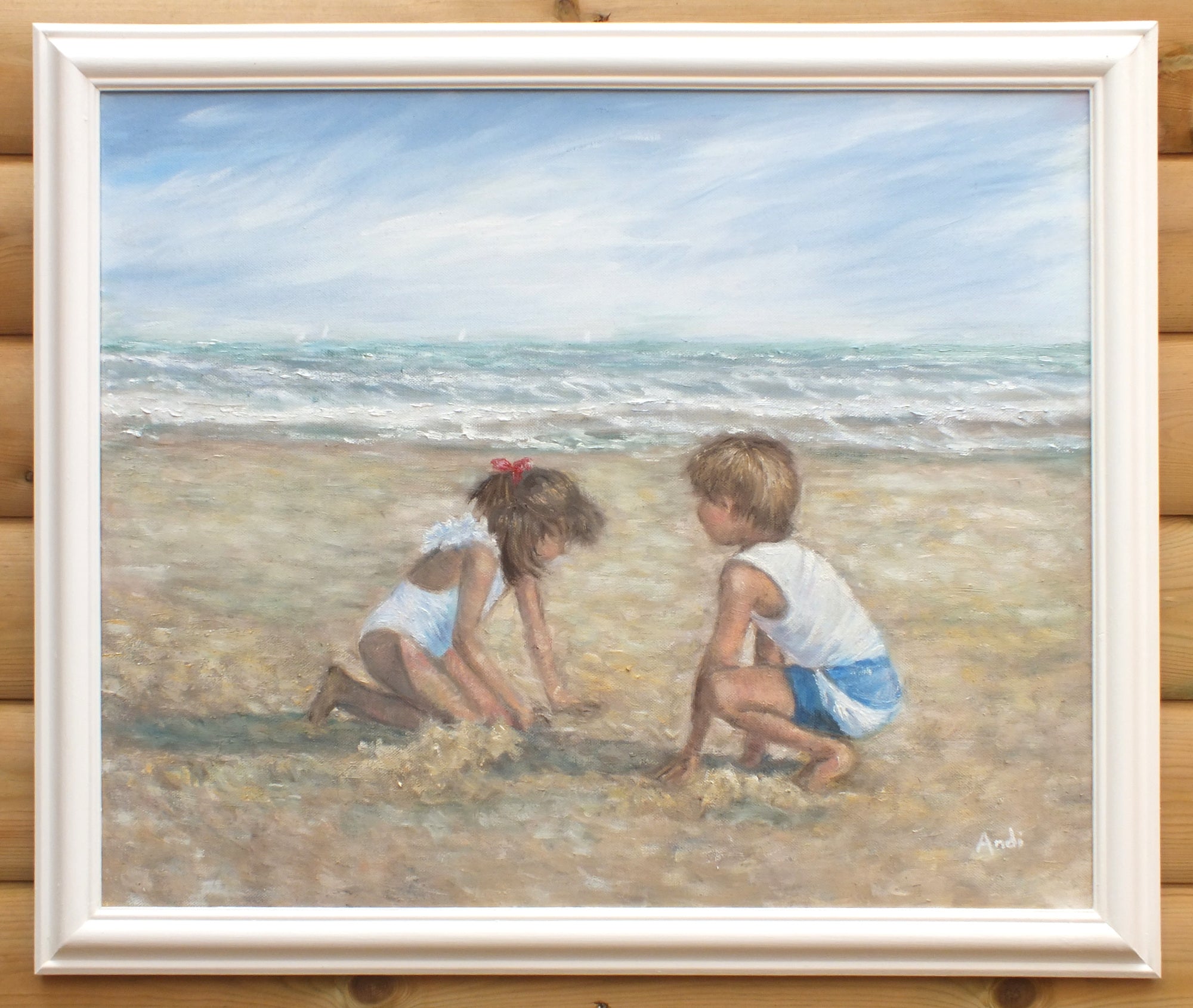 Children on the Beach, Framed Oil Painting by Andi Lucas