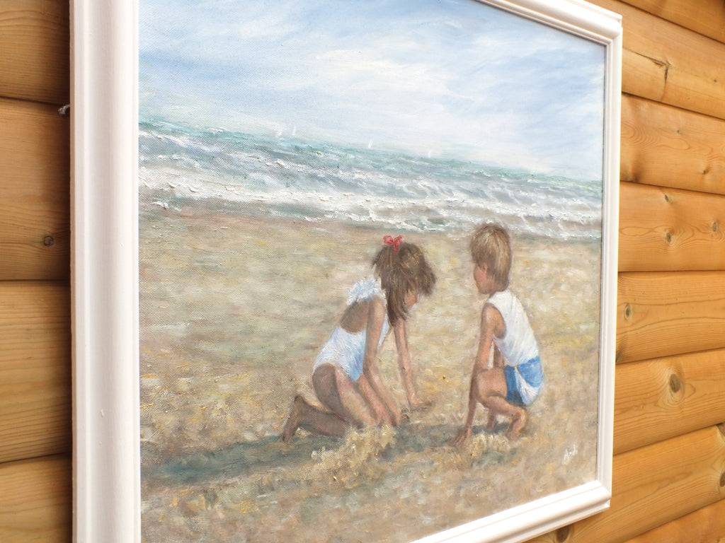 Children on the Beach, Framed Oil Painting by Andi Lucas