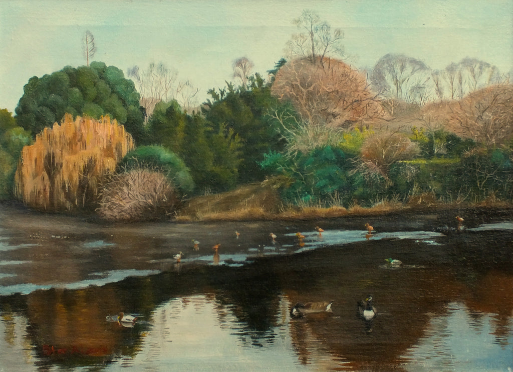 Duck Pond in Rectory Park, Southall London, Original Framed Signed Oil Painting