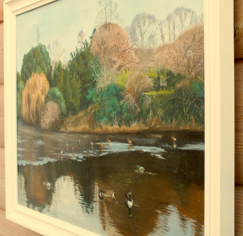 Duck Pond in Rectory Park, Southall London, Original Framed Signed Oil Painting
