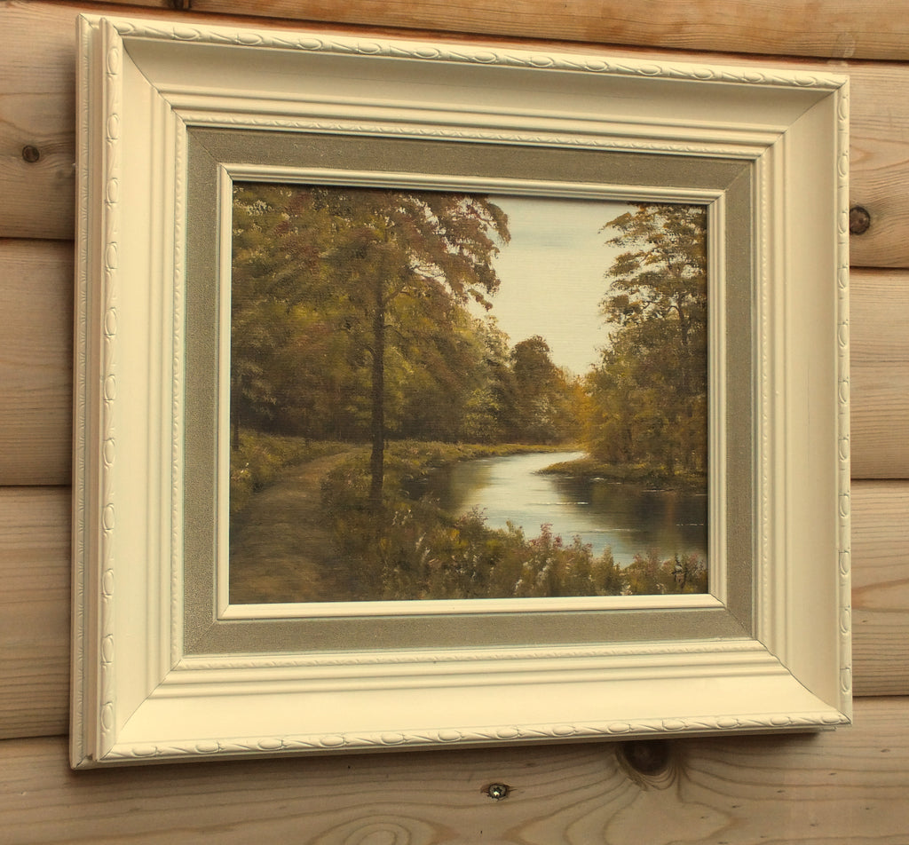 Tree-lined River Landscape Oil Painting Framed Signed