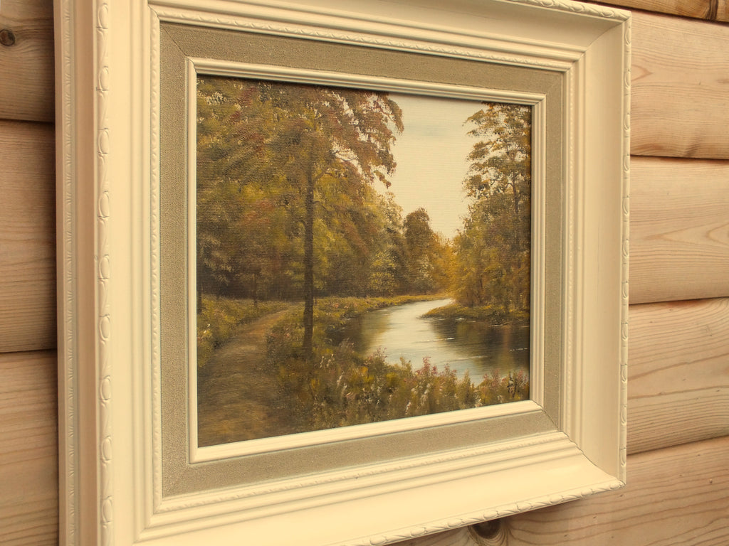 Tree-lined River Landscape Oil Painting Framed Signed