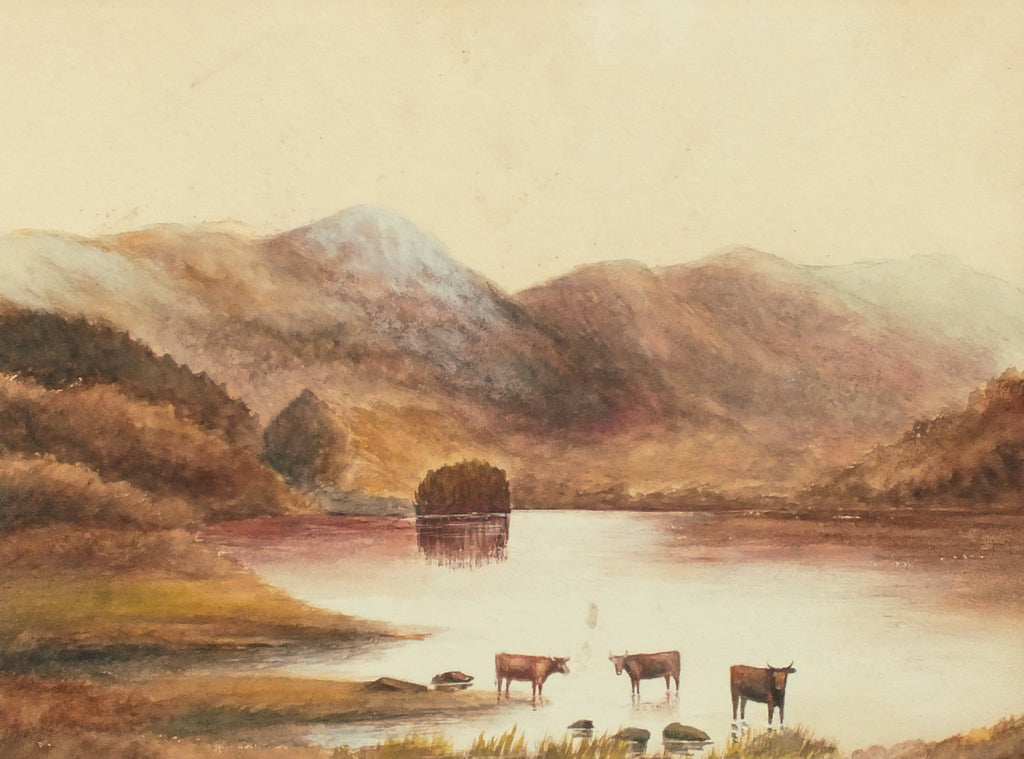 Antique Watercolor Painting, English Lake Landscape, Framed Original