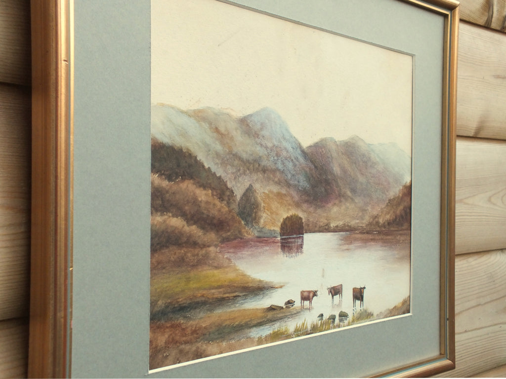 Antique Watercolor Painting, English Lake Landscape, Framed Original