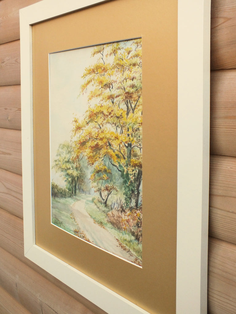 Antique Watercolor Painting, English Country lane Landscape, Framed Signed Original