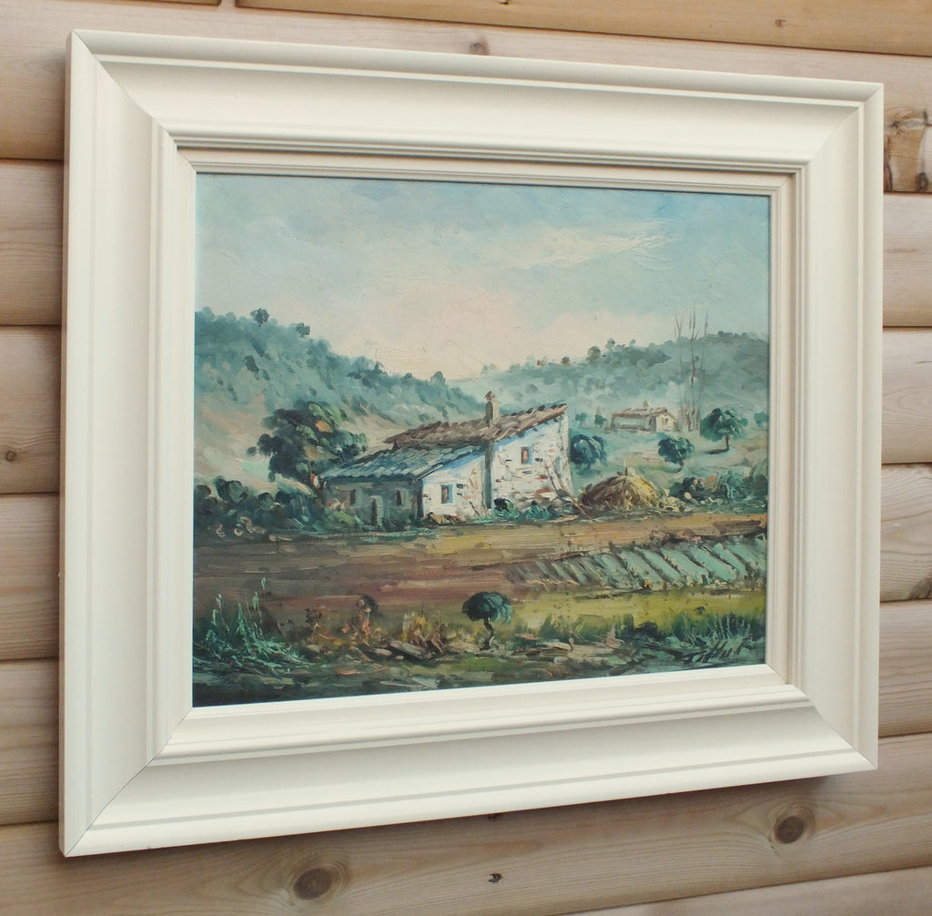 French Farmhouse Landscape Oil Painting Framed Signed