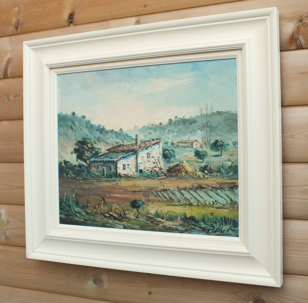 French Farmhouse Landscape Oil Painting Framed Signed