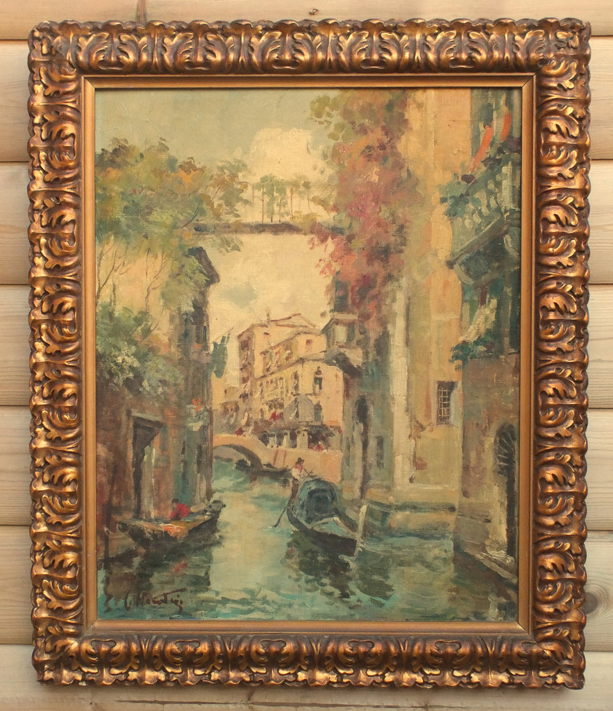 Venice Oil Painting Canal Gondolas Antique Framed Original