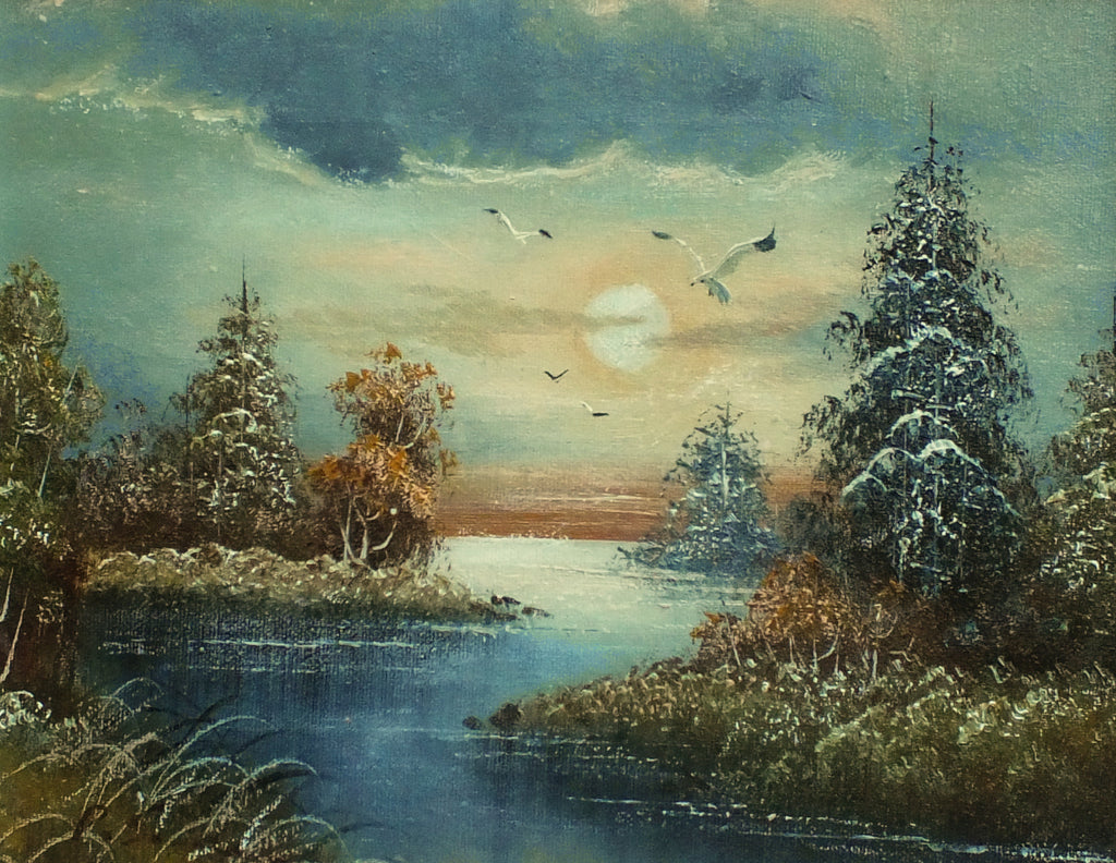 Lake Sunset Landscape Oil Painting Framed Signed