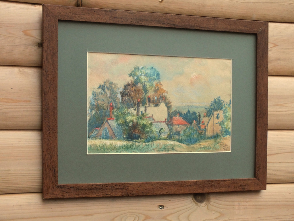 English Village Landscape Painting Framed Oil Pastel