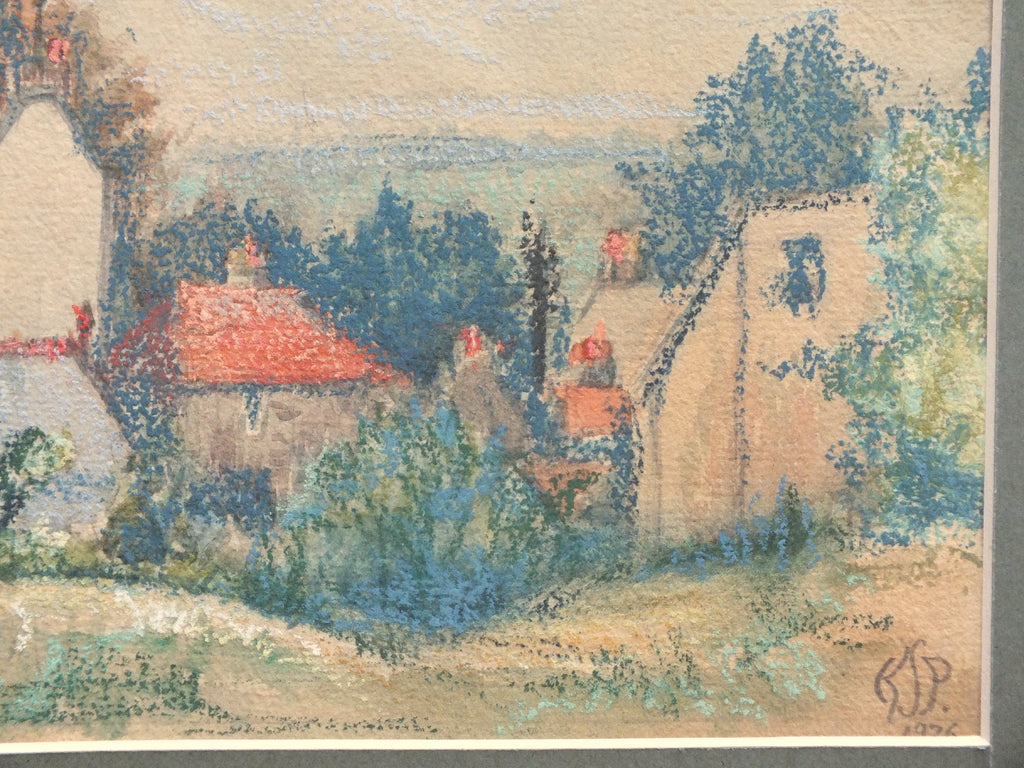 English Village Landscape Painting Framed Oil Pastel