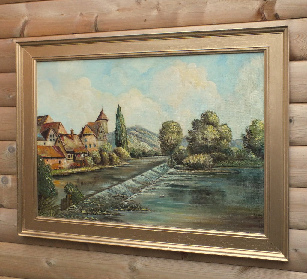 River and Weir Landscape Oil Painting