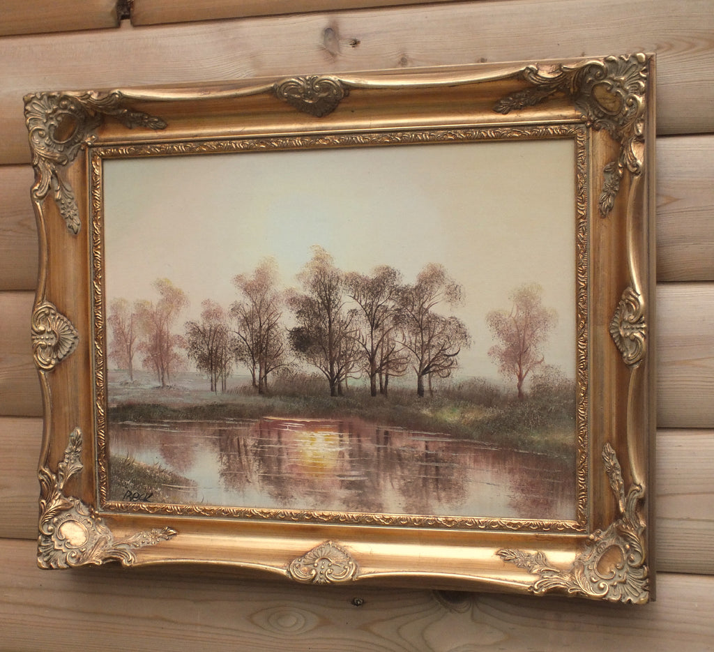 Lake Sunset, Landscape Oil Painting Framed Signed Original