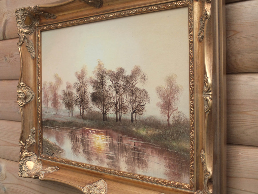 Lake Sunset, Landscape Oil Painting Framed Signed Original
