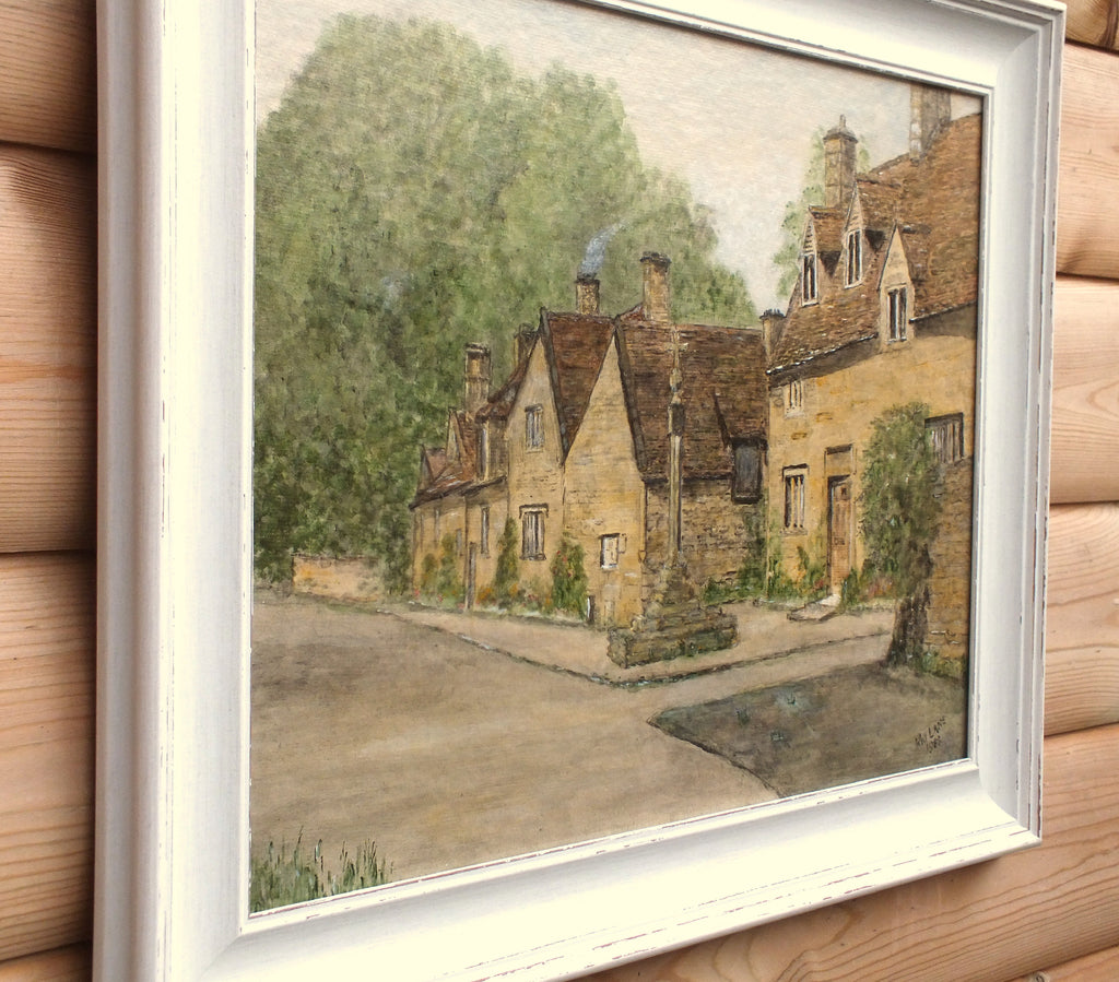 English Village Scene with War Memorial, Framed Signed Oil Painting