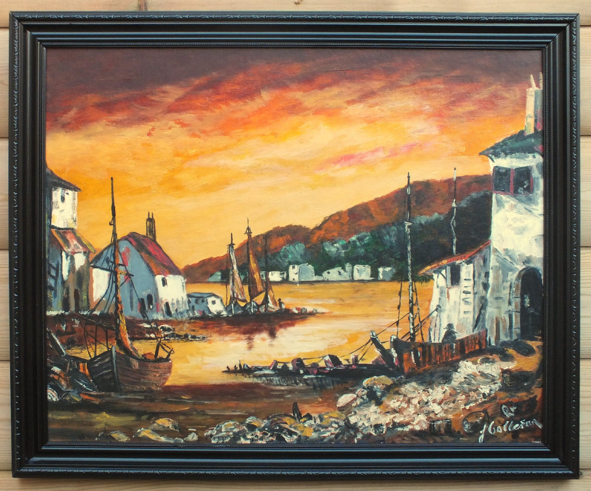 Fishing Village Sunset, Framed Signed Oil Painting